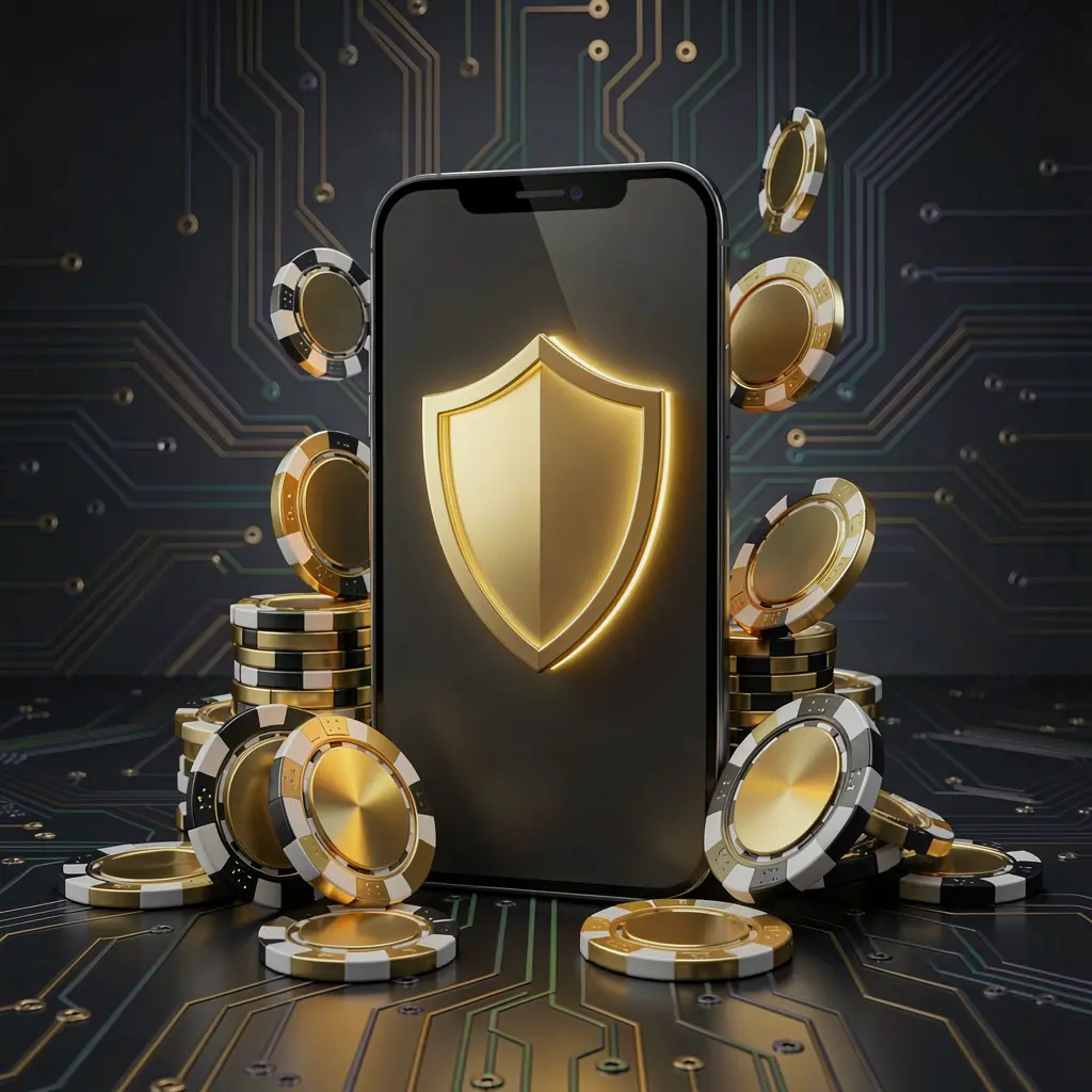 XK66 secure mobile casino app concept showing a smartphone with a glowing shield icon surrounded by golden coins and chips against a dark luxury cyber background in a realistic 3D render