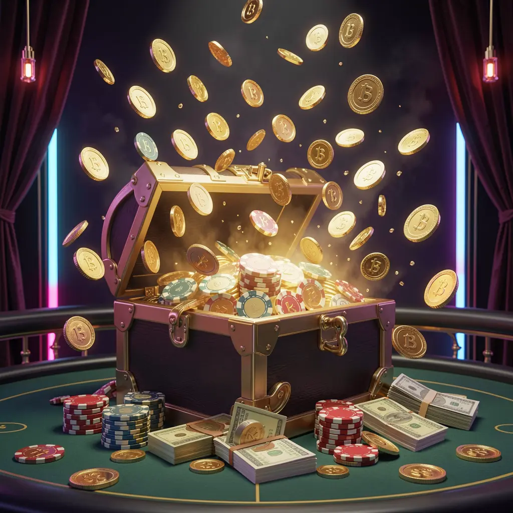 XK66 premium online casino bonus banner featuring golden coins flying around a glowing treasure chest filled with chips and cash, set against a luxury dark background with neon accents and a festive, elegant casino atmosphere