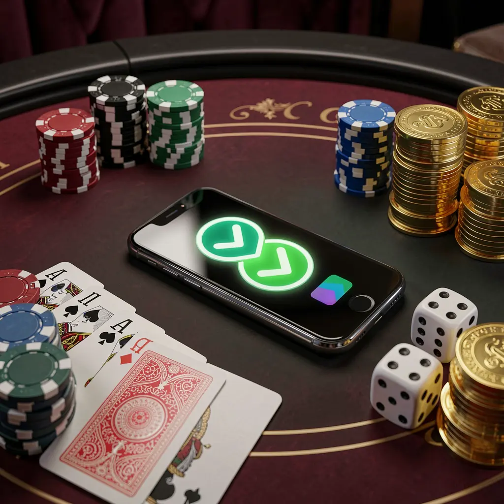 XK66 safe casino login concept showing a smartphone with verification checkmark icon surrounded by chips, cards, dice, and golden coins on an elegant luxury casino table in a 3D realistic render