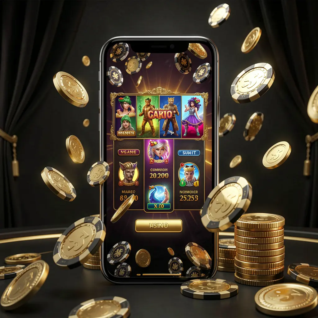 XK66 modern online casino main page on smartphone with glowing gaming interface, flying coins and chips in a black and gold luxury atmosphere, realistic 3D illustration